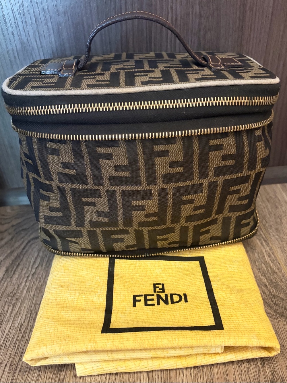 FENDI Canvas Vanity Case with Handle In Brown